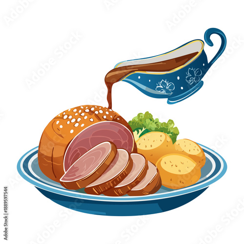 Traditional roast beef dinner served with potatoes and gravy being poured for a festive meal - Vector Illustration