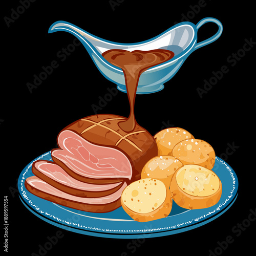 Roasted sliced beef served with boiled potatoes and savory brown gravy from a ceramic pitcher - Vector Illustration