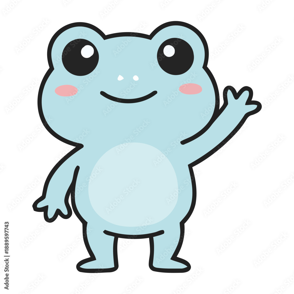 Fototapeta premium A cute cartoon frog character waving with a smile on its face in a vector graphic illustration
