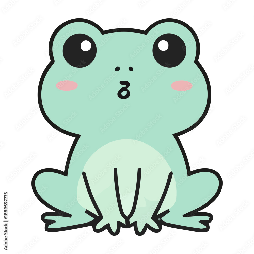 Obraz premium A cute cartoon frog with big eyes and a sweet expression sits on a white background