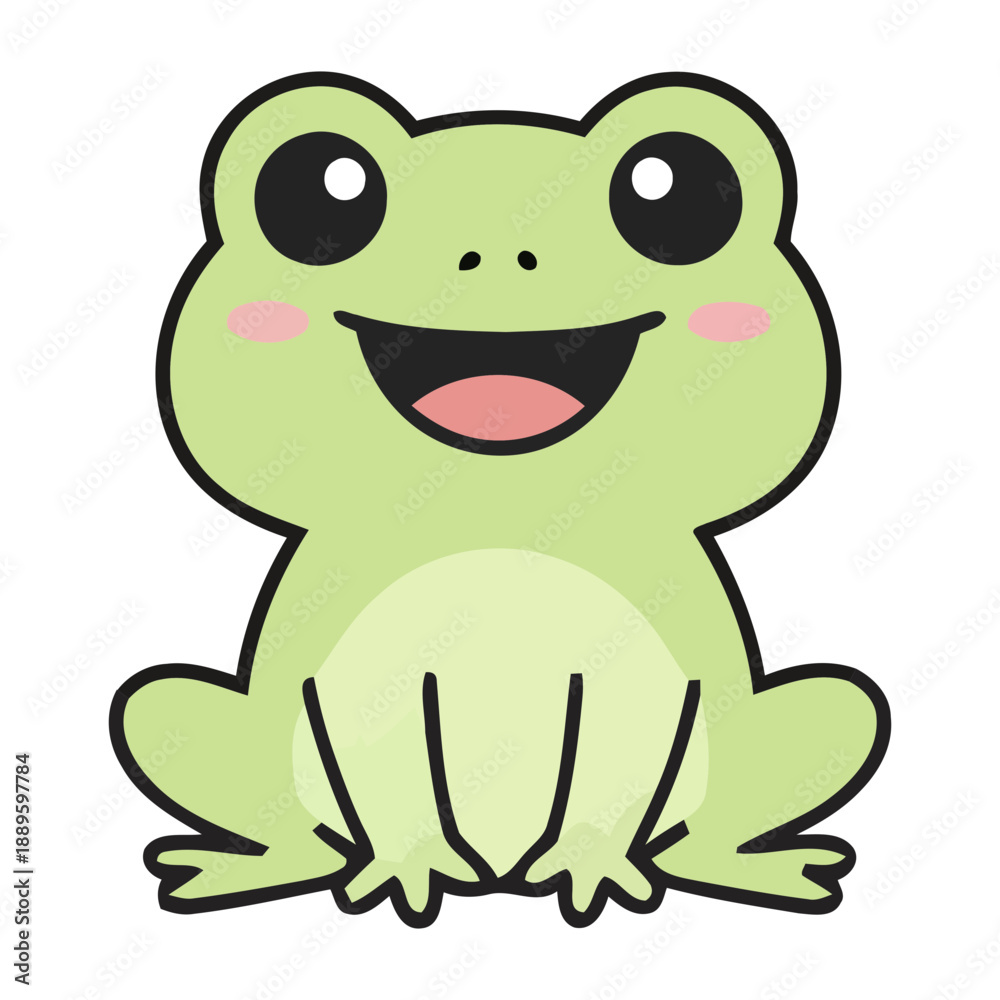 Fototapeta premium A cute cartoon frog with a big smile and pink blushes on its cheeks