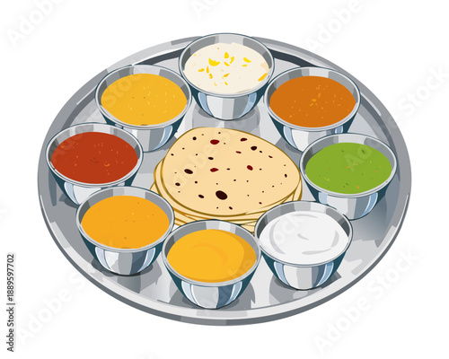 Large indian thali set with various colorful curries rice and roti bread on stainless steel - Vector Illustration