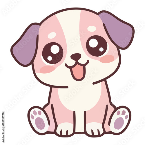 A cute cartoon dog with a pink and white coat and big brown eyes