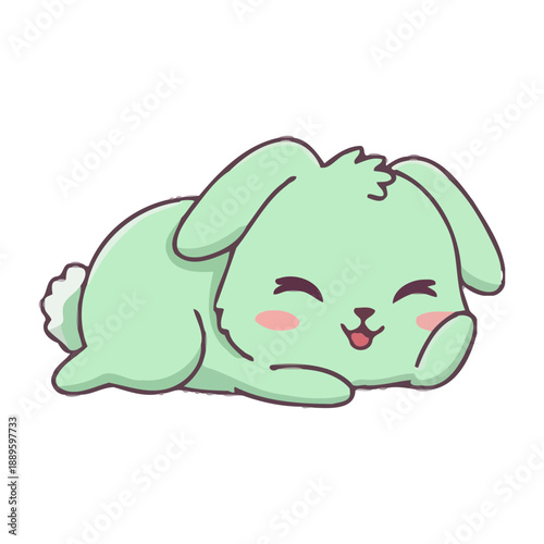 A cute cartoon bunny with a smiling face and a green color lying down on a white background