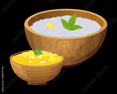 Traditional bowl of congee porridge served with yellow sauce and green herb garnish for breakfast - Vector Illustration