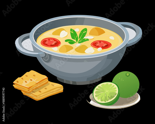Hot creamy vegetable soup bowl served with crispy crackers and fresh lime on wooden board - Vector Illustration