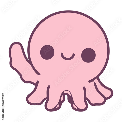 A cute pink octopus waving with a smile on its face in a vector graphic illustration
