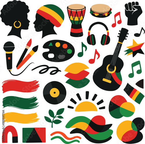 Black History Month Elements Pack Featuring Pan-African Heritage Symbols and Diverse Cultural Empowerment Illustrations