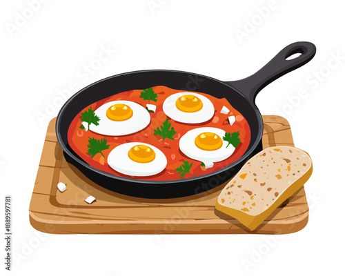 Fried eggs in tomato sauce with herbs served in a cast iron cooking pan - Vector Illustration