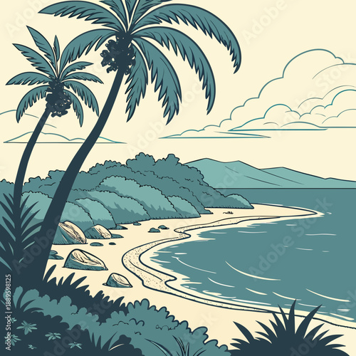 Tropical Island Landscape with Palm Trees & Shoreline, Paradise View