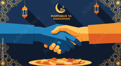 A vibrant illustration celebrating the spirit of unity and peace during Ramadan, featuring a handshake against a backdrop of traditional Islamic motifs and festive lanterns.