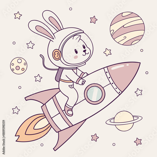Rabbit Astronaut Riding Rocket - Cute Animal Space Adventure Illustration