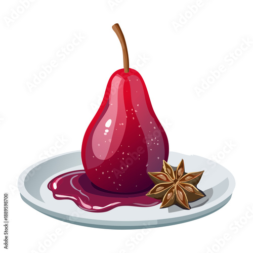 Sweet poached pear in red sauce with star anise spices for an elegant dessert - Vector Illustration