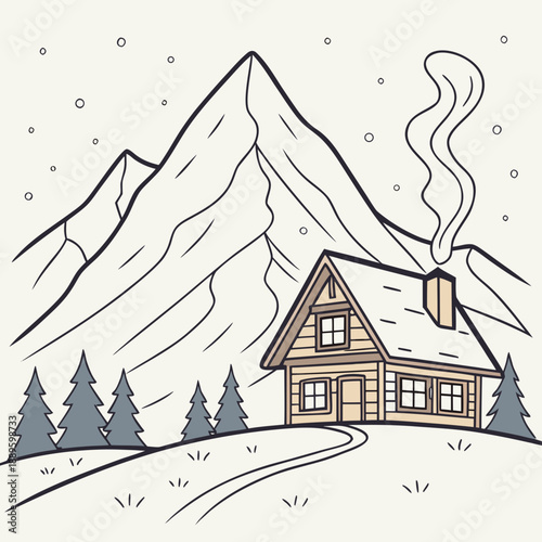 Hand-Drawn Snowy Mountain Landscape with Cozy Cabin Doodle Art