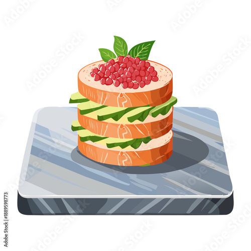 Multi layered appetizer with salmon and cream served on a stone marble platter - Vector Illustration