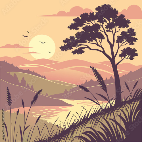 Summer Evening Landscape. Golden Low Sun & Dusk Vector Scene.