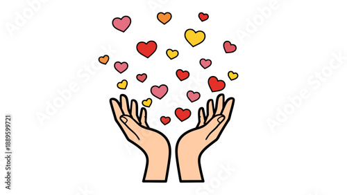 hands releasing colorful hearts into the air.