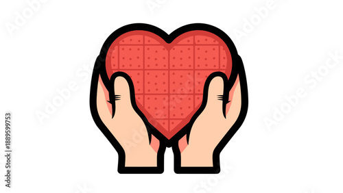 Hands holding a red heart symbol.