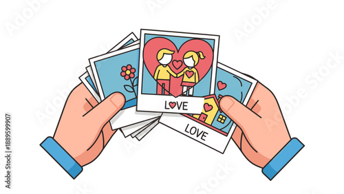 Hands holding Valentine's Day polaroid photos.