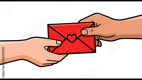 Hands exchanging a red love letter.