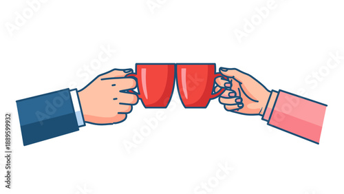 Two hands clinking red coffee cups.
