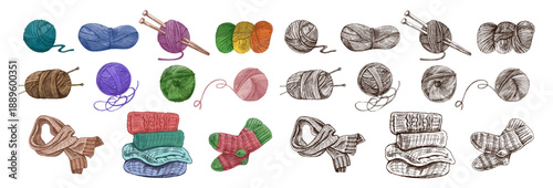 Hand drawn vintage sketch of colorful and monochrome yarn balls, scarf, socks and sweaters, isolated knitting themed vector set