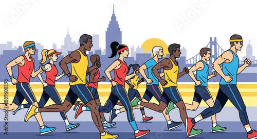 Diverse group of people running a marathon in a city.