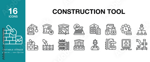 Construction Tool icon set. Includes construction, tool, hammer, drill, saw, wrench, pliers and More. Editable Stroke Icon Collection.