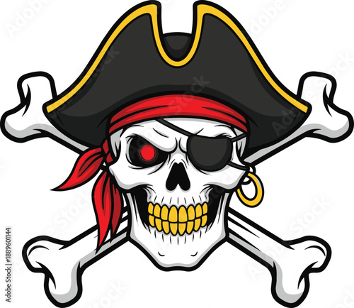 Pirate skull illustration, cartoon skull with eyepatch and crossed bones, colorful jolly roger design for tattoo logo sticker and apparel vector art