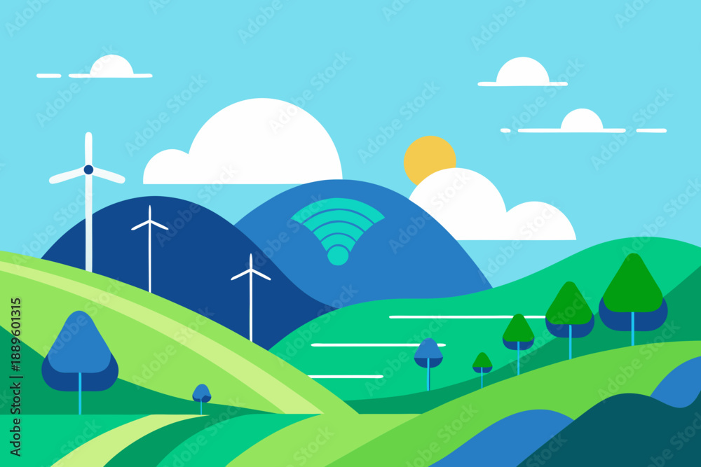 Fototapeta premium Futuristic AI Eco Countryside Flat Vector Illustration
