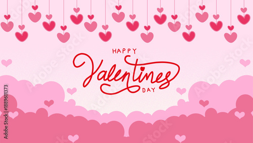 Vector illustration : "Happy Valentine's Day" text typography, frame border, clouds, hearts shaped decoration - greeting card design, romantic message, love letter, template, banner, poster