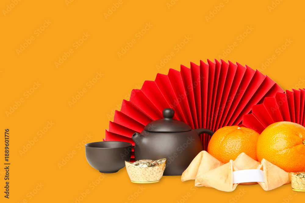 Fototapeta premium Festive items and symbols for Chinese New Year celebration