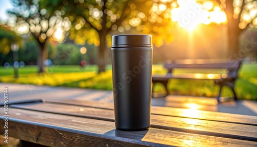 Sleek black insulated travel tumbler sitting on a wooden picnic table bathed in golden hour sunlight