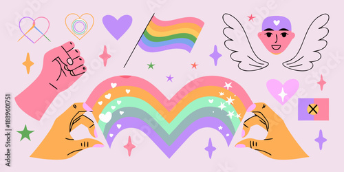 Colorful illustration representing pride love and inclusivity with various symbolic elements