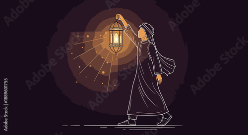 A traditional figure in Middle Eastern attire walks through the darkness, illuminating their path with a beautifully glowing ornate lantern, symbolizing guidance and hope.