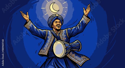 A vibrant illustration captures a joyful man in traditional blue attire, celebrating with a drum under a celestial moon and sun motif.