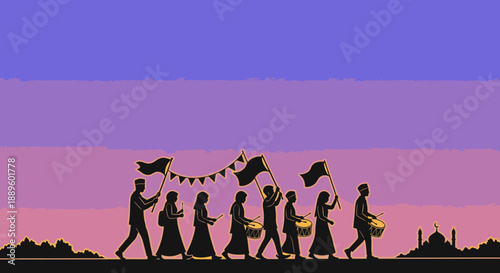 A stunning silhouette illustration captures a traditional cultural procession, with people carrying flags and offerings under a vibrant gradient sky.