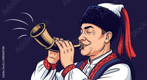 A man in traditional folk costume joyfully plays a brass horn, celebrating cultural heritage with a vibrant musical performance.