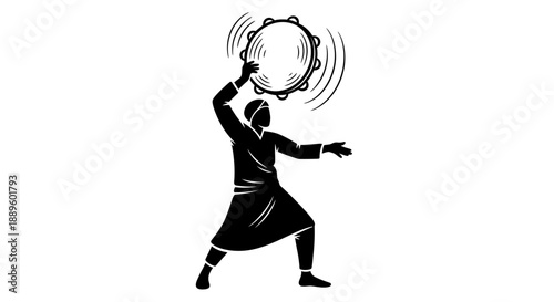 A dynamic black and white silhouette illustration depicts a musician vigorously shaking a tambourine, creating rhythmic sounds and lively energy for any performance.