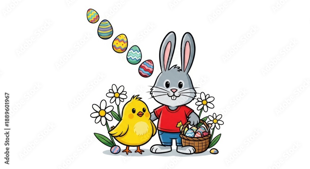 Obraz premium Easter bunny and chick celebrating springtime with eggs and flowers