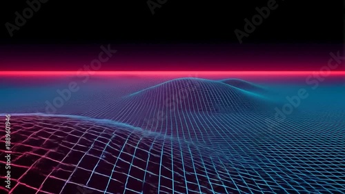 A retro-style digital landscape with a neon grid overlay and a vibrant horizon