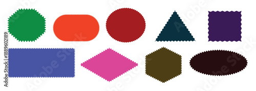 Color rectangle frames with wiggly borders.Geometric shapes with scallop and zigzag edges set. Silhouette stickers circle, square, oval and rectangle labels.