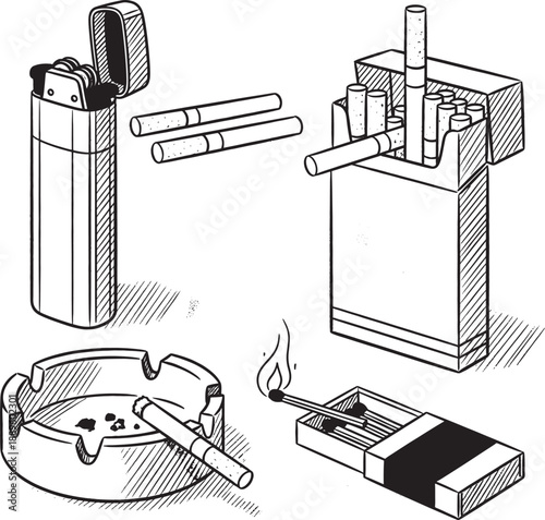 Smoking Essentials: Lighter, Cigarettes, Ashtray, Matches Illustration