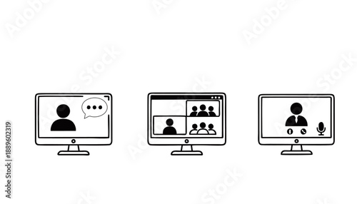 Video Conference Monitor Icons Set
