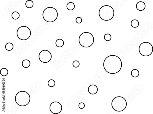 Pattern of varioussized black outlined circles scattered randomly on a white background
