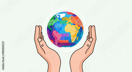 Hands holding a colorful globe with heart symbols representing global care and love for the earth