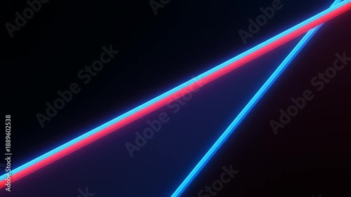 Abstract image of three intersecting neon lines, red and blue, against a dark background