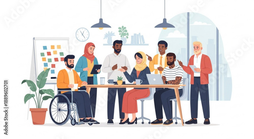 Diverse team collaborating in modern office with wheelchair accessibility