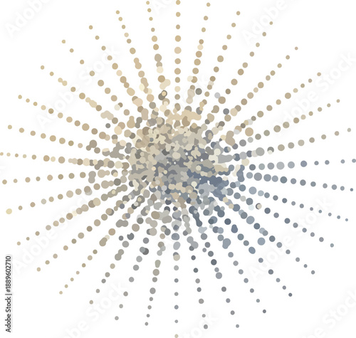 Radial arrangement of beige brown and blue halftone dots forming a starburst shape