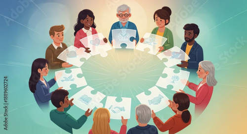 Diverse group of people collaborating on jigsaw puzzle pieces around a table